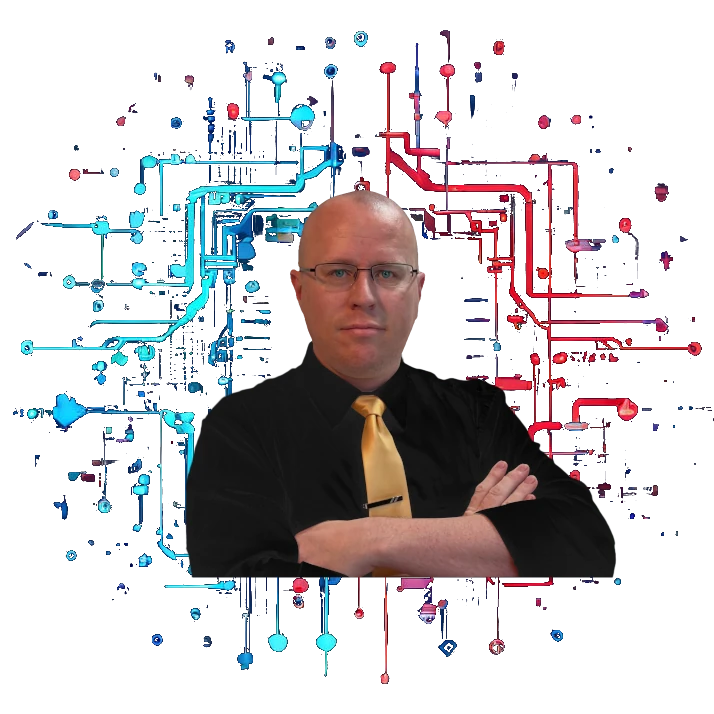 Headshot of Brian Quinney in front of depiction of nodes in blue and red